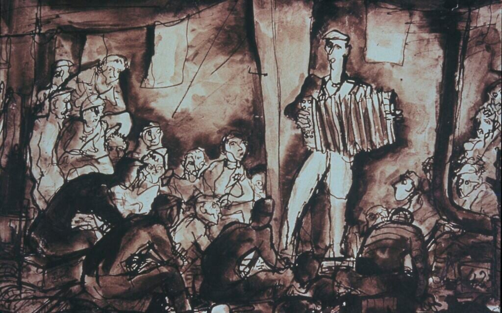 Detail from 'Entertainment,' a drawing of the Terezín concentration camp by Bedřich Fritta, from 1943. Collection of Thomas Fritta Haas. ('Our Will to Live' by Mark Ludwig, published by Steidl/ via JTA) Detail from 'Entertainment,' a drawing of the Terezín concentration camp by Bedřich Fritta, from 1943. Collection of Thomas Fritta Haas. ('Our Will to Live' by Mark Ludwig, published by Steidl/ via JTA)