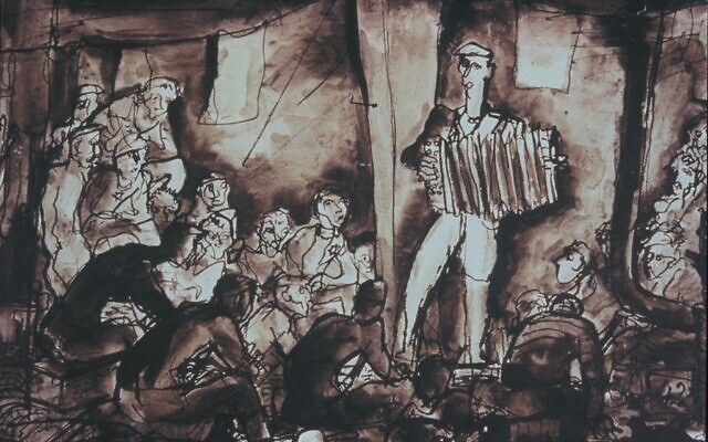 Detail from 'Entertainment,' a drawing of the Terezín concentration camp by Bedřich Fritta, from 1943. Collection of Thomas Fritta Haas. ('Our Will to Live' by Mark Ludwig, published by Steidl/ via JTA)
