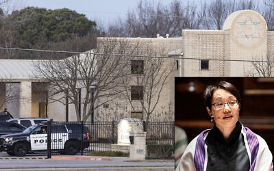 Police stage in front of the Congregation Beth Israel synagogue, Sunday, Jan. 16, 2022, in Colleyville, Texas. Insert: Rabbi Angela Buchdahl speaks at the Central Synagogue in New York City, on October 30, 2018. (AP Photo/Brandon Wade; Michael Brochstein/SOPA Images/LightRocket via Getty Images via JTA)