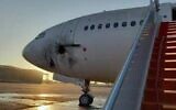 This image released by Iraq's Transport Ministry shows a damaged airliner after rockets were fired at Baghdad airport, January 28, 2022. (Facebook/Courtesy)
