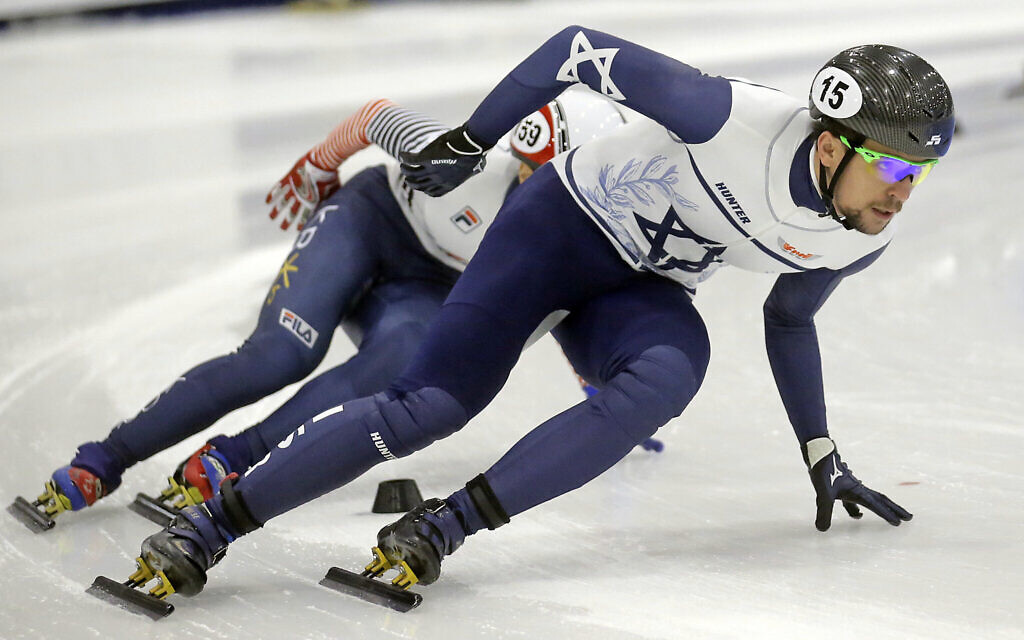 Vladislav Bykanov races for Israel during the men's 1,500 meters at a World Cup short track speedskating event Nov. 11, 2016, at the Utah Olympic Oval, in Kearns, Utah. (AP Photo/Rick Bowmer)