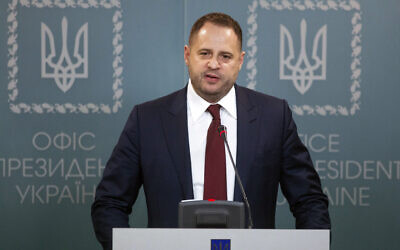 Ukraine's presidential chief of staff Andriy Yermak speaks at a news conference in Kyiv, Ukraine, Feb. 12, 2020. (Ukrainian Presidential Press Office via AP)