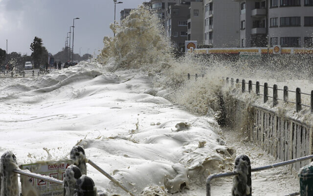 Massive waves break on the Sea Point promenade in Cape Town, South Africa, Monday, July 13, 2020, as weather services predict gale force winds and heavy rains leading to flooding and cold conditions as well as ongoing rough seas. (AP Photo/Nardus Engelbrecht) Massive waves break on the Sea Point promenade in Cape Town, South Africa, Monday, July 13, 2020, as weather services predict gale force winds and heavy rains leading to flooding and cold conditions as well as ongoing rough seas. (AP Photo/Nardus Engelbrecht)