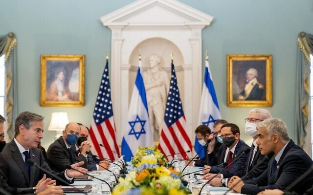 US Secretary of State Antony Blinken, left, accompanied by Israeli Foreign Minister Yair Lapid, right, speaks at bilateral meeting at the State Department in Washington, Oct. 13, 2021. (AP Photo/Andrew Harnik, Pool) US Secretary of State Antony Blinken, left, accompanied by Israeli Foreign Minister Yair Lapid, right, speaks at bilateral meeting at the State Department in Washington, Oct. 13, 2021. (AP Photo/Andrew Harnik, Pool)