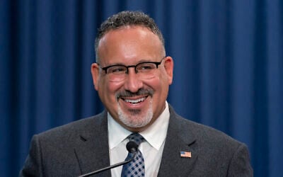 US Education Secretary Miguel Cardona speaks during an event at the Department of Labor, in Washington, Nov. 18, 2021. (Jacquelyn Martin/AP)