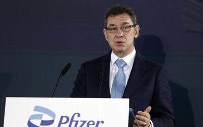 Pfizer CEO Albert Bourla speaks during a ceremony in Thessaloniki, Greece, on Oct. 12, 2021. (Giannis Papanikos/AP)