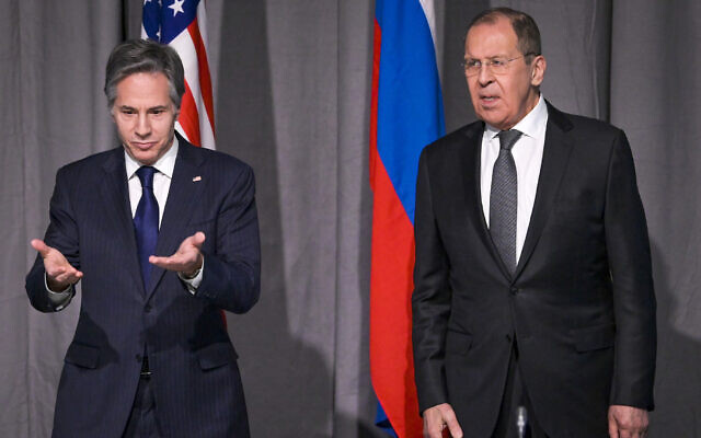US Secretary of State Antony Blinken, left, and Russian Foreign Minister Sergey Lavrov meet on the sidelines of an Organization for Security and Co-operation in Europe (OSCE) meeting, in Stockholm, Sweden, December 2, 2021. (Jonathan Nackstrand/Pool Photo via AP) US Secretary of State Antony Blinken, left, and Russian Foreign Minister Sergey Lavrov meet on the sidelines of an Organization for Security and Co-operation in Europe (OSCE) meeting, in Stockholm, Sweden, December 2, 2021. (Jonathan Nackstrand/Pool Photo via AP)