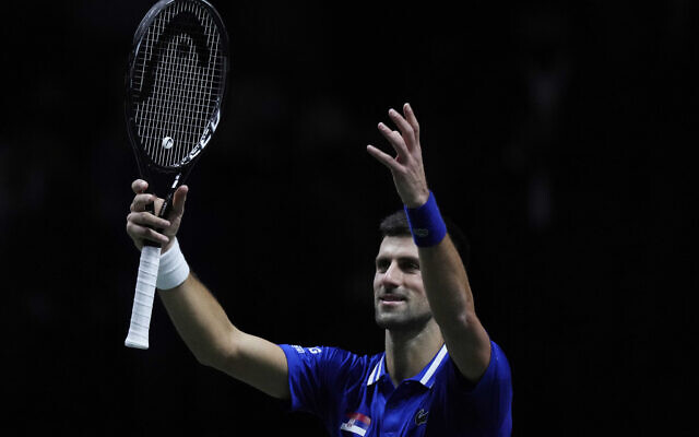 Serbia's Novak Djokovic after defeating Croatia's Marin Cilic during their Davis Cup tennis semi-final match at Madrid Arena in Madrid, Spain, on Dec. 3, 2021. (AP Photo/Bernat Armangue) Serbia's Novak Djokovic after defeating Croatia's Marin Cilic during their Davis Cup tennis semi-final match at Madrid Arena in Madrid, Spain, on Dec. 3, 2021. (AP Photo/Bernat Armangue)