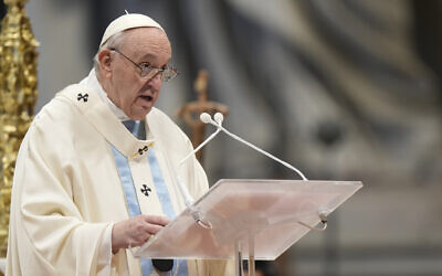 Pope Francis delivers his homely as he celebrates a Mass for the solemnity of St. Mary at the beginning of the new year, in St. Peter's Basilica, at the Vatican, on January 1, 2022. (AP Photo/Andrew Medichini)