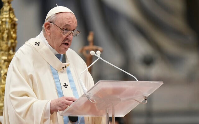 Pope Francis delivers his homely as he celebrates a Mass for the solemnity of St. Mary at the beginning of the new year, in St. Peter's Basilica, at the Vatican, on January 1, 2022. (AP Photo/Andrew Medichini) Pope Francis delivers his homely as he celebrates a Mass for the solemnity of St. Mary at the beginning of the new year, in St. Peter's Basilica, at the Vatican, on January 1, 2022. (AP Photo/Andrew Medichini)