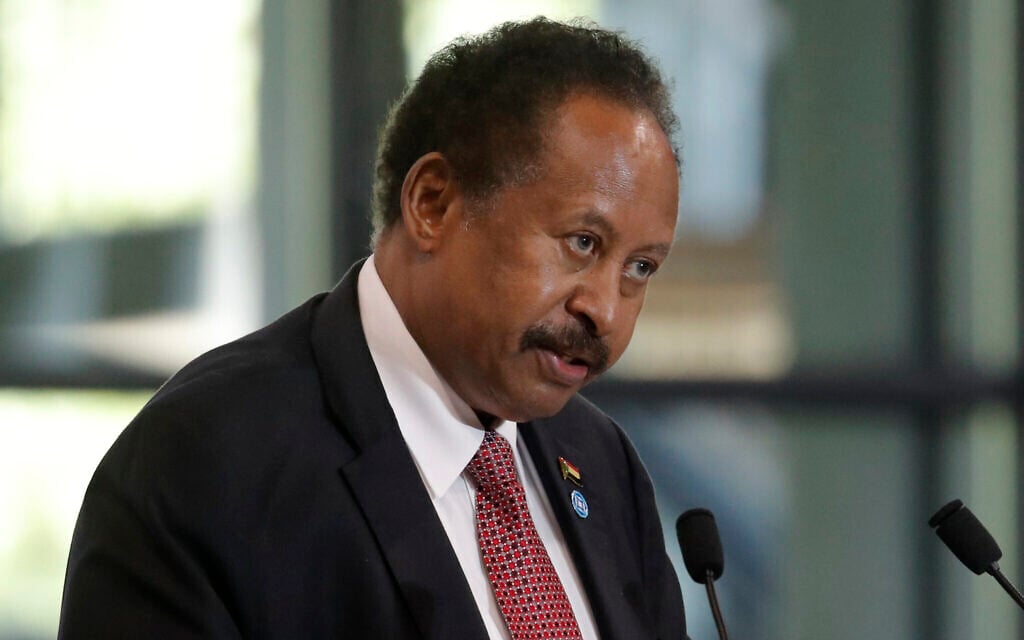 Then-Sudanese Prime Minister Abdalla Hamdok speaks during a session of the summit to support Sudan, at the Grand Palais Ephemere in Paris on May 17, 2021. (Christophe Ena/AP)