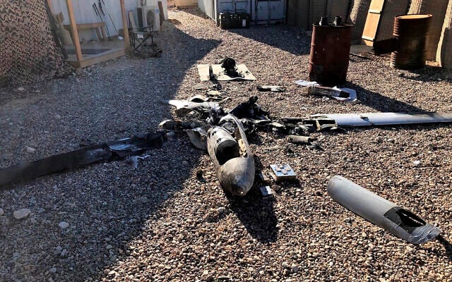 Parts of the wreckage of a drone are laid out on the ground near the Ain al-Asad airbase, in the western Anbar province of Iraq, Tuesday, Jan. 4, 2022. (International Coalition via AP) Parts of the wreckage of a drone are laid out on the ground near the Ain al-Asad airbase, in the western Anbar province of Iraq, Tuesday, Jan. 4, 2022. (International Coalition via AP)