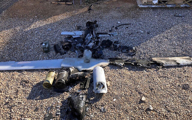 Parts of the wreckage of a drone are laid out on the ground near the Ain al-Asad airbase, in the western Anbar province of Iraq, January 4, 2022. (International Coalition via AP) Parts of the wreckage of a drone are laid out on the ground near the Ain al-Asad airbase, in the western Anbar province of Iraq, January 4, 2022. (International Coalition via AP)