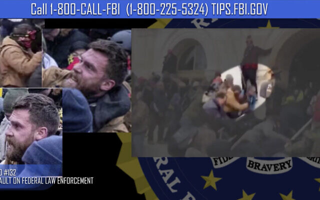This image from FBI video is seeking information on a suspect in the violence at the US Capitol on Jan. 6, 2021, in Washington. The suspect is among hundreds of people still being sought by the FBI following January’s deadly insurrection. So far, 250 people captured on video assaulting police at the Capitol still haven’t been fully identified and apprehended by the FBI and another 100 are being sought for other crimes tied to the riot. (FBI via AP) This image from FBI video is seeking information on a suspect in the violence at the US Capitol on Jan. 6, 2021, in Washington. The suspect is among hundreds of people still being sought by the FBI following January’s deadly insurrection. So far, 250 people captured on video assaulting police at the Capitol still haven’t been fully identified and apprehended by the FBI and another 100 are being sought for other crimes tied to the riot. (FBI via AP)