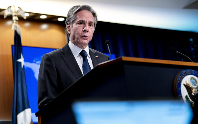 US Secretary of State Antony Blinken speaks in the briefing room of the State Department in Washington, January 7, 2022. (AP Photo/Andrew Harnik, Pool) US Secretary of State Antony Blinken speaks in the briefing room of the State Department in Washington, January 7, 2022. (AP Photo/Andrew Harnik, Pool)