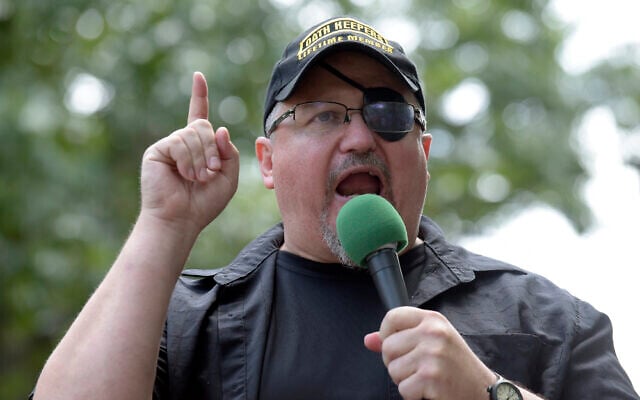 In this file photo from June 25, 2017, Stewart Rhodes, founder of the Oath Keepers, speaks during a rally outside the White House in Washington, DC. (AP Photo/Susan Walsh, File) In this file photo from June 25, 2017, Stewart Rhodes, founder of the Oath Keepers, speaks during a rally outside the White House in Washington, DC. (AP Photo/Susan Walsh, File)