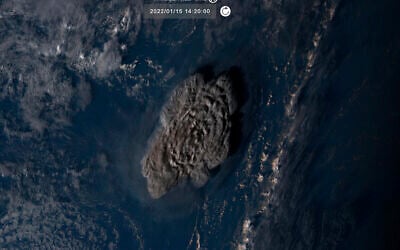 Satellite image taken by Himawari-8, a Japanese weather satellite operated by Japan Meteorological Agency and released by National Institute of Information and Communications Technology (NICT), shows an undersea volcano eruption at the Pacific nation of Tonga Saturday, Jan. 15, 2022. (NICT via AP)