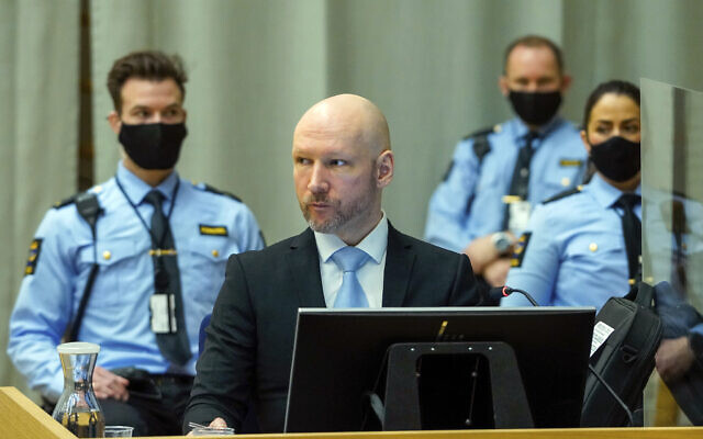 Norwegian mass killer Anders Behring Breivik sits in the makeshift courtroom in Skien prison on the second day of his hearing where he is requesting release on parole, in Skien, Norway, January 19, 2022. (Ole Berg-Rusten/NTB scanpix via AP) Norwegian mass killer Anders Behring Breivik sits in the makeshift courtroom in Skien prison on the second day of his hearing where he is requesting release on parole, in Skien, Norway, January 19, 2022. (Ole Berg-Rusten/NTB scanpix via AP)