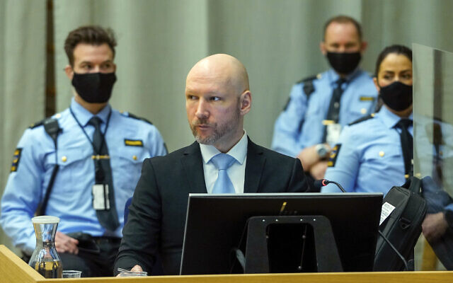 Norwegian mass killer Anders Behring Breivik sits in the makeshift courtroom in Skien prison on the second day of his hearing where he is requesting release on parole, in Skien, Norway, January 19, 2022. (Ole Berg-Rusten/NTB scanpix via AP)
