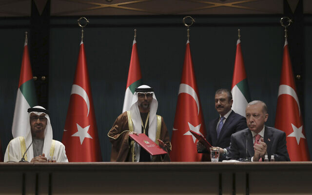 Turkey's President Recep Tayyip Erdogan, right, and Sheikh Mohammed bin Zayed Al Nahyan, left, the Crown Prince of the United Arab Emirates attend a signing ceremony at the presidential palace, in Ankara, Turkey, Wednesday, Nov. 24, 2021. (AP Photo/Burhan Ozbilici) Turkey's President Recep Tayyip Erdogan, right, and Sheikh Mohammed bin Zayed Al Nahyan, left, the Crown Prince of the United Arab Emirates attend a signing ceremony at the presidential palace, in Ankara, Turkey, Wednesday, Nov. 24, 2021. (AP Photo/Burhan Ozbilici)