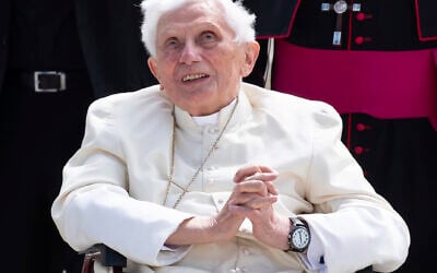 Emeritus Pope Benedict XVI arrives for his departure at Munich Airport in Freising, Germany, June 22, 2020. (Sven Hoppe/dpa via AP, file)