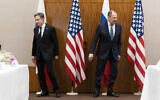 US Secretary of State Antony Blinken (left) and Russian Foreign Minister Sergey Lavrov move to their seats before their meeting, on Friday, January 21, 2022, in Geneva, Switzerland. (AP Photo/Alex Brandon, Pool)