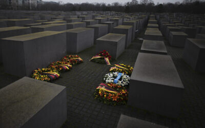 Illustrative: Wreaths placed at the Memorial to the Murdered Jews of Europe on the International Holocaust Remembrance Day in Berlin, Germany, on January 27, 2022. (AP Photo/Markus Schreiber)