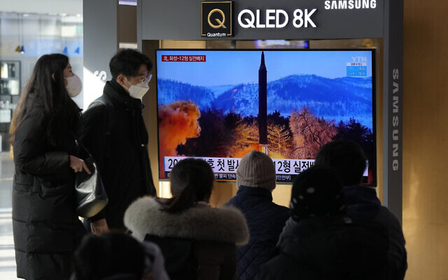 People watch a TV showing an image of North Korea's missile launch during a news program at the Seoul Railway Station in Seoul, South Korea, Jan. 31, 2022. (Ahn Young-joon/AP) People watch a TV showing an image of North Korea's missile launch during a news program at the Seoul Railway Station in Seoul, South Korea, Jan. 31, 2022. (Ahn Young-joon/AP)
