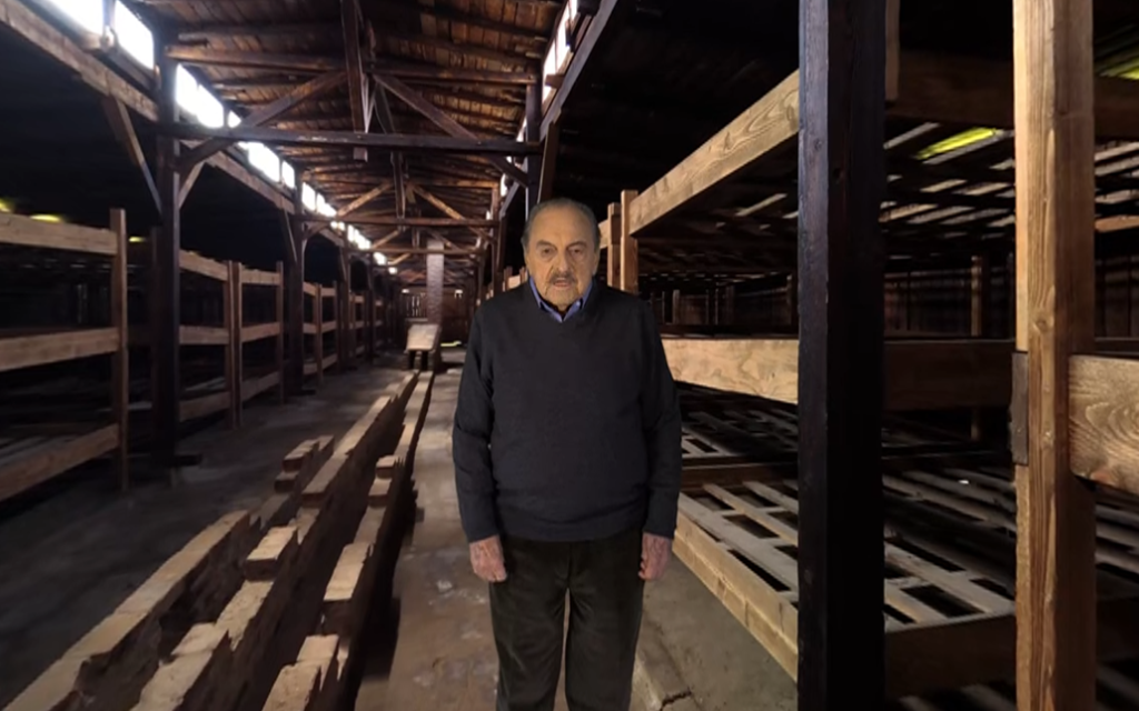 George brent at the men's barracks in Auschwitz in a scene from 'Don't Forget Me,' one of the films showing at the virtual reality exhibition 'The Journey Back' at the Illinois Holocaust Museum in Chicago. (Courtesy)