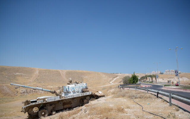 Illustrative: An old tank at the entrance to Mishor Adumim industrial park on June 28, 2020. (Yonatan Sindel/Flash90) Illustrative: An old tank at the entrance to Mishor Adumim industrial park on June 28, 2020. (Yonatan Sindel/Flash90)