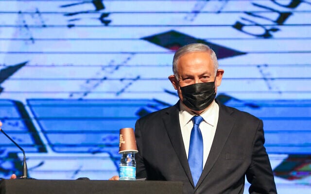 Then-prime minister Benjamin Netanyahu at a Likud Party election event in Safed, March 8, 2021. (David Cohen/Flash90) Then-prime minister Benjamin Netanyahu at a Likud Party election event in Safed, March 8, 2021. (David Cohen/Flash90)