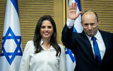 Then-prime minister Naftali Bennett, right, with Ayelet Shaked at the first government conference, at the Israeli parliament, on June 13, 2021. (Yonatan Sindel/ Flash90)