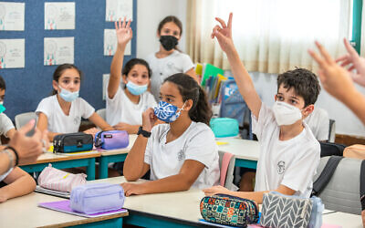 Illustrative: Students at the Ramon School in Modi'in, on October 12, 2021. (Yossi Aloni/Flash90)