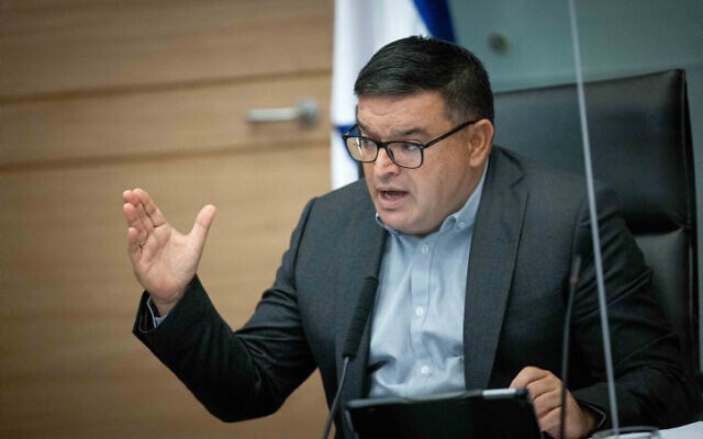 Knesset Economic Affairs Committee chairman Michael Biton leads a meeting of the committee at the Knesset on December 7, 2021. (Yonatan Sindel/Flash90) Knesset Economic Affairs Committee chairman Michael Biton leads a meeting of the committee at the Knesset on December 7, 2021. (Yonatan Sindel/Flash90)