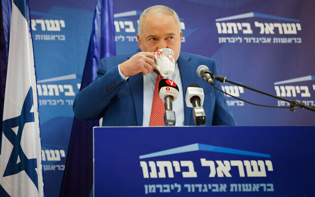 Finance Minister Avigdor Liberman leads a Yisrael Beytenu faction meeting at the Knesset on January 10, 2022. (Olivier Fitoussi/Flash90)