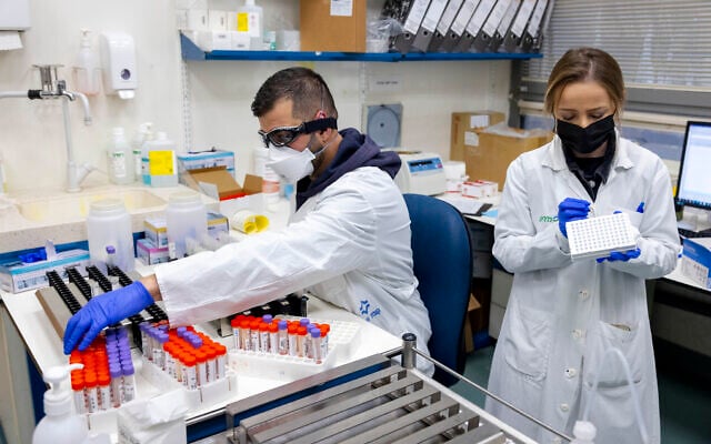 Medical workers conduct tests on PCR samples in Jerusalem on January 10, 2021 (Olivier Fitoussi/Flash90) Medical workers conduct tests on PCR samples in Jerusalem on January 10, 2021 (Olivier Fitoussi/Flash90)
