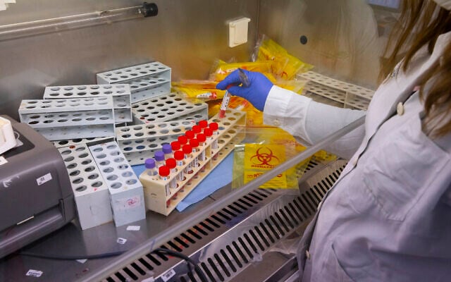 HMO workers conduct tests on PCR samples for COVID-19 at a Clalit Health Services laboratory in Jerusalem on January 10, 2021. (Olivier Fitoussi/Flash90) HMO workers conduct tests on PCR samples for COVID-19 at a Clalit Health Services laboratory in Jerusalem on January 10, 2021. (Olivier Fitoussi/Flash90)