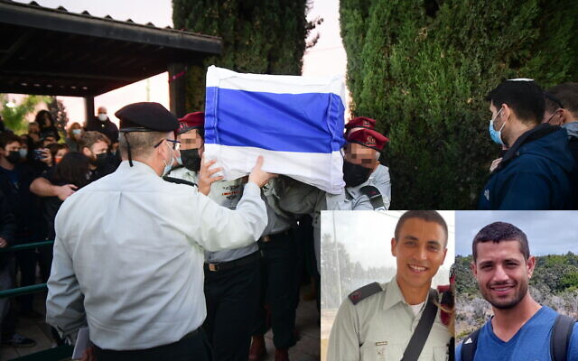 The funeral of Maj. Ofek Aharon, who died in a friendly fire incident a night earlier, in the Gan Yavne cemetery, on January 13, 2022. Inset: Undated photographs of Maj. Itamar Elharar (left) and Aharon. (Avshalom Sassoni/Flash90; Israel Defense Forces) The funeral of Maj. Ofek Aharon, who died in a friendly fire incident a night earlier, in the Gan Yavne cemetery, on January 13, 2022. Inset: Undated photographs of Maj. Itamar Elharar (left) and Aharon. (Avshalom Sassoni/Flash90; Israel Defense Forces)
