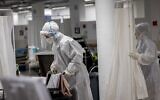 Health care workers wear safety gear as they work in the COVID ward of the Herzog Medical Center in Jerusalem, on January 13, 2022. (Yonatan Sindel/Flash90)