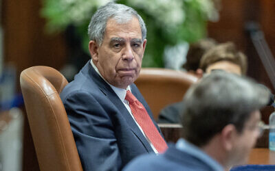 Knesset Speaker Mickey Levy seated in the Knesset in Jerusalem, on January 17, 2022. (Yonatan Sindel/Flash90)