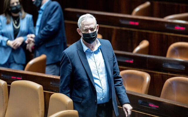 Defense Minister Benny Gantz attends a vote at the Knesset, in Jerusalem, January 17, 2022. (Yonatan Sindel/Flash90) Defense Minister Benny Gantz attends a vote at the Knesset, in Jerusalem, January 17, 2022. (Yonatan Sindel/Flash90)