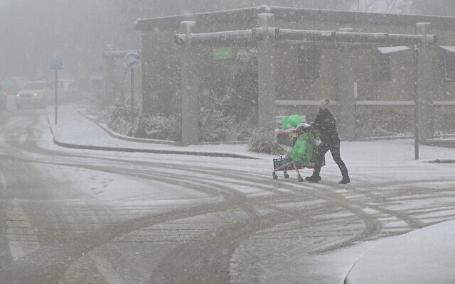 Snow in Kibbutz Ein Zivan, in the northern Golan Heights, January 26, 2022. (Michael Giladi/Flash90) Snow in Kibbutz Ein Zivan, in the northern Golan Heights, January 26, 2022. (Michael Giladi/Flash90)