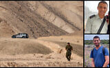 The area close to the base where two IDF soldiers were killed in a so-called friendly fire incident the night before, on January 13, 2022 (Yonathan Sindel/Flash90); Maj. Itamar Elharar, top right, and Maj. Ofek Aharon, bottom right (Israel Defense Forces)