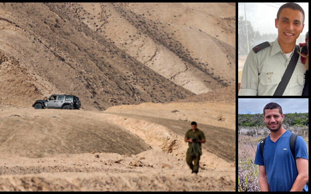 The area close to the base where two IDF soldiers were killed in a so-called friendly fire incident the night before, on January 13, 2022 (Yonathan Sindel/Flash90); Maj. Itamar Elharar, top right, and Maj. Ofek Aharon, bottom right (Israel Defense Forces) The area close to the base where two IDF soldiers were killed in a so-called friendly fire incident the night before, on January 13, 2022 (Yonathan Sindel/Flash90); Maj. Itamar Elharar, top right, and Maj. Ofek Aharon, bottom right (Israel Defense Forces)