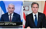 (L) Foreign Minister Yair Lapid speeks during a press conference in Jerusalem on November 6, 2021. (R) US Secretary of State Antony Blinken speaks during a news conference at the State Department in Washington, January 5, 2022. (Ohad Zwigenberg/ POOL; Mandel Ngan/ Pool via AP)