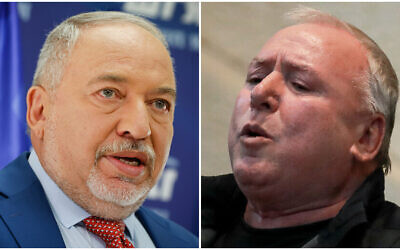 (L) Finance Minister Avigdor Liberman speaks during a Yisrael Beytenu faction meeting at the Knesset, January 10, 2022; (R) Likud MK David Amsalem speaks during a Knesset plenum session on November 22, 2021. (Olivier Fitoussi; Yonatan Sindel/Flash90)