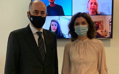 Environmental Protection Minister Tamar Zandberg (R) meets with Jordanian Ambassador to Israel, Ghassan Majali (L), in Jerusalem, January 12, 2022. (Courtesy)