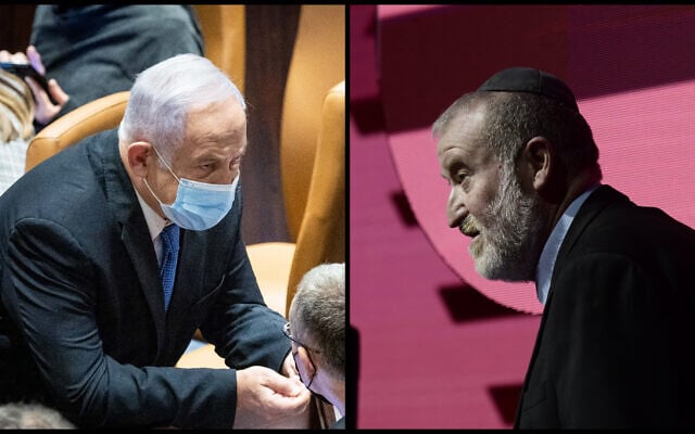 (L) Benjamin Netanyahu during a plenum session in the assembly hall of the Knesset, January 5, 2022. (R) Attorney General Avichai Mandelblit attends a confrence in Tel Aviv, June 29, 2021. (Yonatan Sindel; Tomer Neuberg/Flash90) (L) Benjamin Netanyahu during a plenum session in the assembly hall of the Knesset, January 5, 2022. (R) Attorney General Avichai Mandelblit attends a confrence in Tel Aviv, June 29, 2021. (Yonatan Sindel; Tomer Neuberg/Flash90)