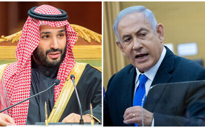 File: Benjamin Netanyahu (right) during a Likud party meeting at the Knesset in Jerusalem on December 13, 2021; Saudi Crown Prince Mohammed bin Salman (left) speaks during the Gulf Cooperation Council (GCC) Summit in Riyadh, Saudi Arabia, December 14, 2022. (Yonatan Sindel/Flash90; Bandar Aljaloud/Saudi Royal Palace via AP/File)