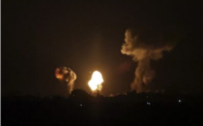 A ball of fire and smoke rises during Israeli airstrikes in Khan Yunis, in the southern Gaza Strip on January 2, 2022. (Photo by Abed Rahim Khatib/Flash90)